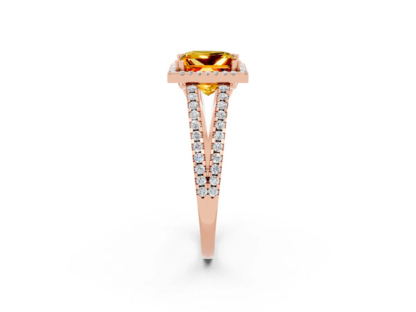 Rose gold Princess Cut Citrine Halo Split Shank Engagement Ring
