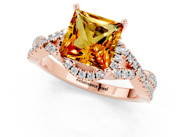 Rose gold Princess Cut Citrine  Halo Twist Band Solitaire Prong Setting Ring