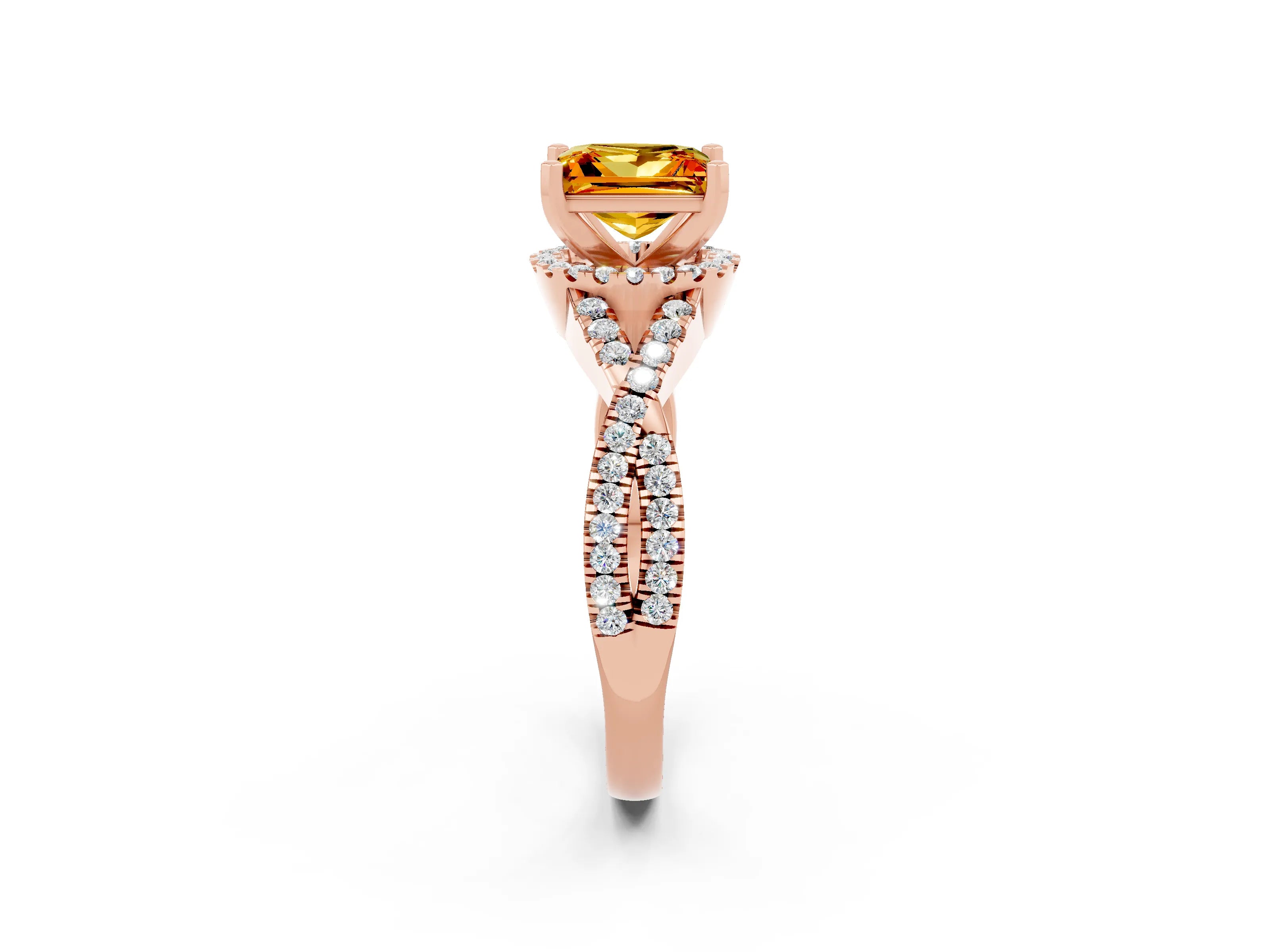 Rose gold Princess Cut Citrine Halo Twist Band Solitaire Prong Setting Ring_2