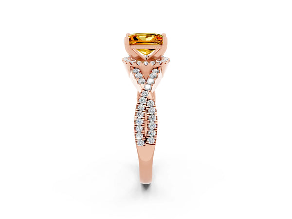 Rose gold Princess Cut Citrine  Halo Twist Band Solitaire Prong Setting Ring