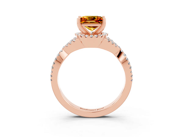 Rose gold Princess Cut Citrine  Halo Twist Band Solitaire Prong Setting Ring