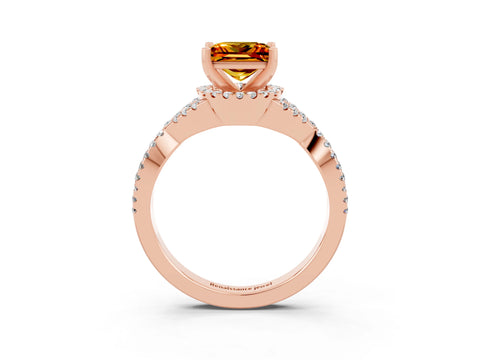 Rose gold Princess Cut Citrine Halo Twist Band Solitaire Prong Setting Ring_3