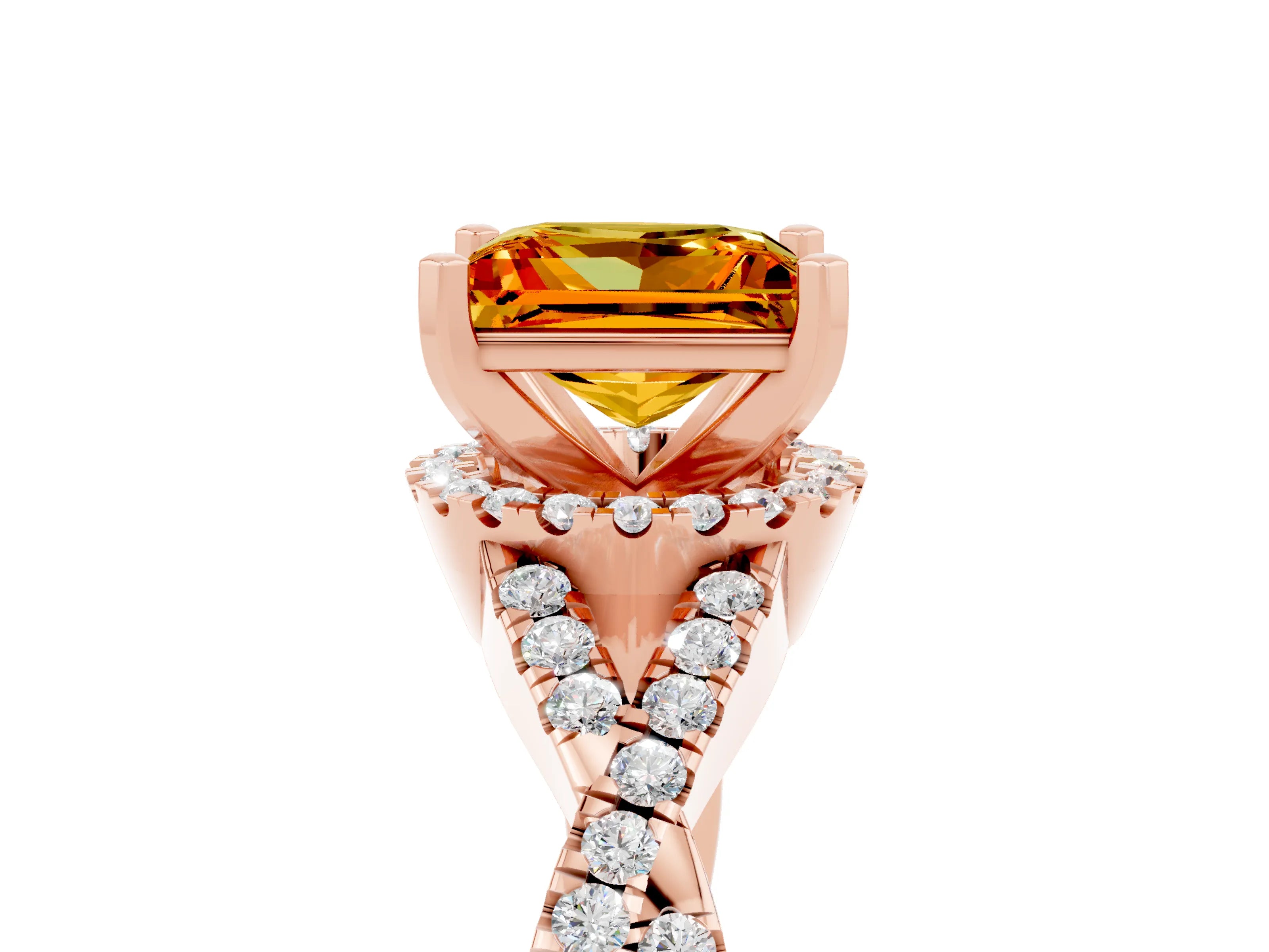 Rose gold Princess Cut Citrine Halo Twist Band Solitaire Prong Setting Ring_5