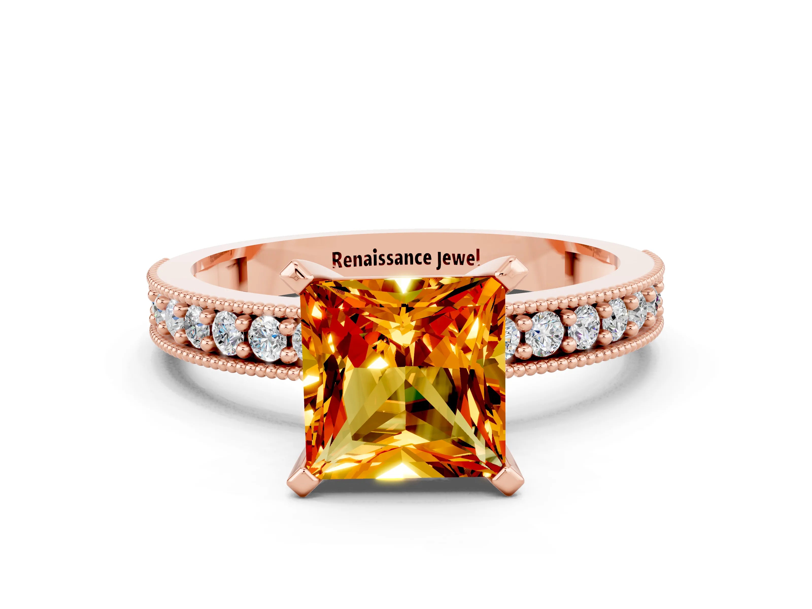 Rose gold Princess Cut Citrine Milgrain Pavé Engagement Ring with Four-Prong Setting_12
