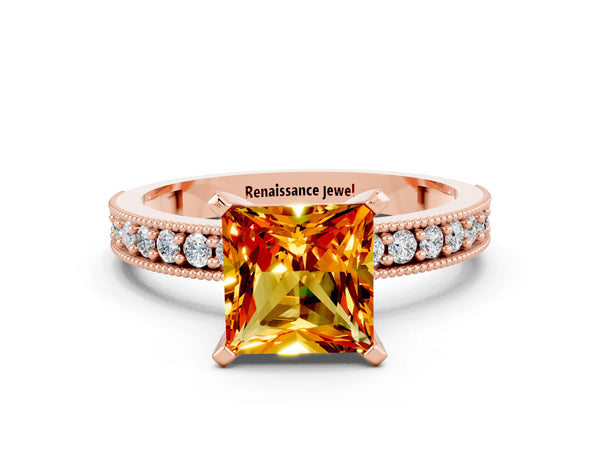 Rose gold Princess Cut Citrine Milgrain Pavé Engagement Ring with Four-Prong Setting