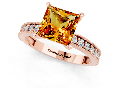 Rose gold Princess Cut Citrine Milgrain Pavé Engagement Ring with Four-Prong Setting_13