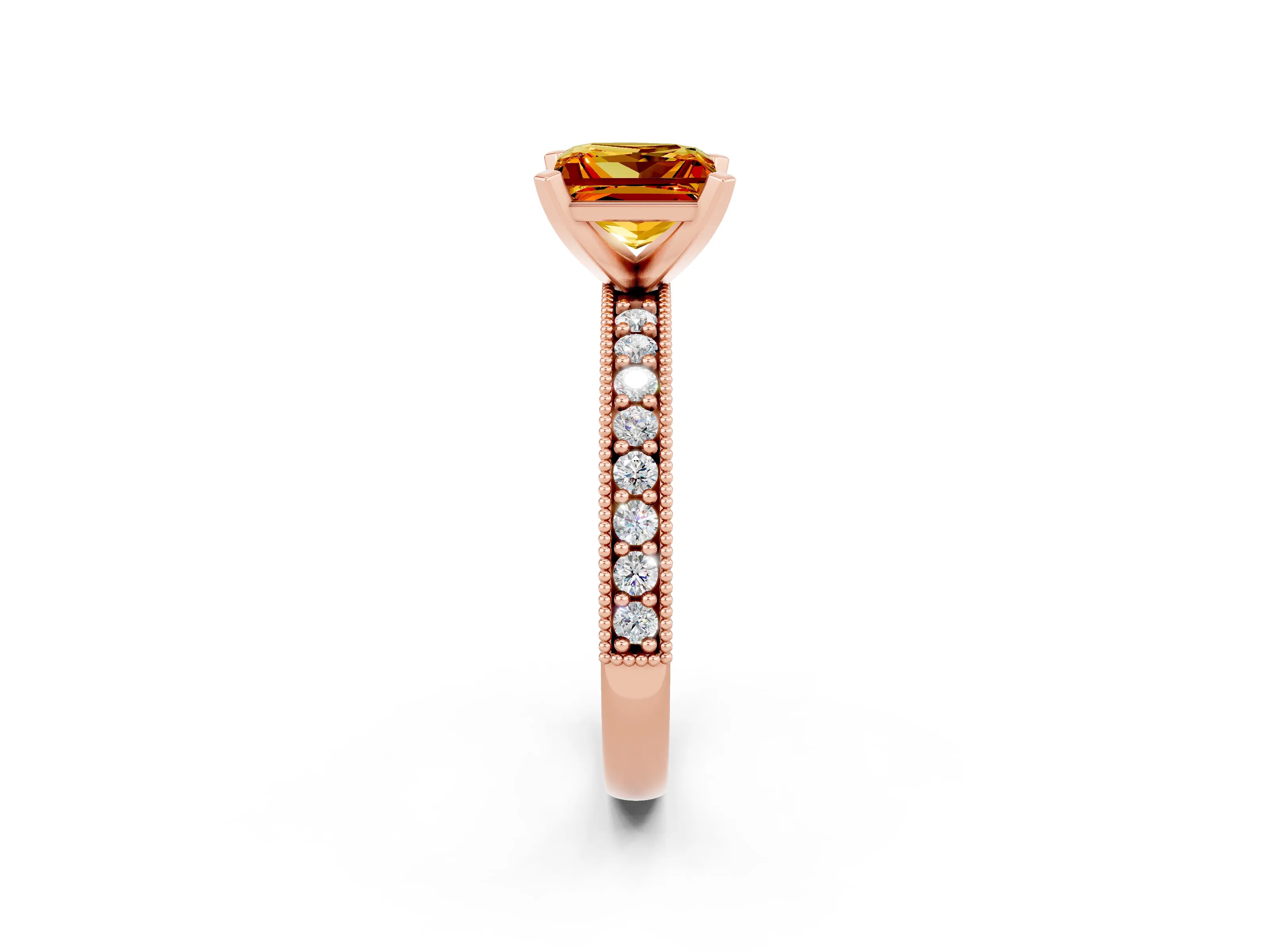 Rose gold Princess Cut Citrine Milgrain Pavé Engagement Ring with Four-Prong Setting_14
