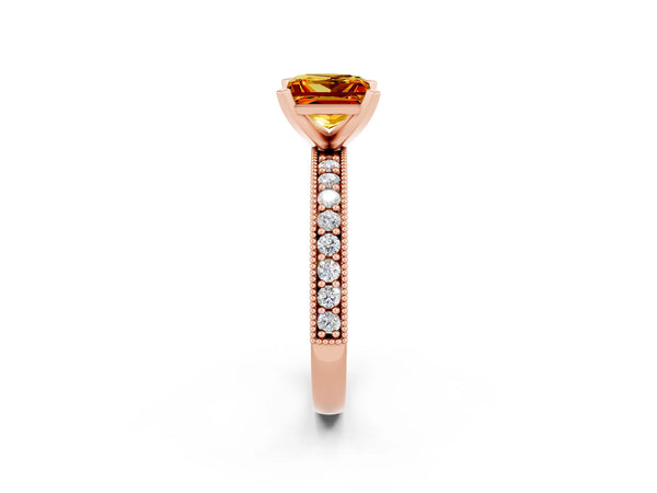 Rose gold Princess Cut Citrine Milgrain Pavé Engagement Ring with Four-Prong Setting