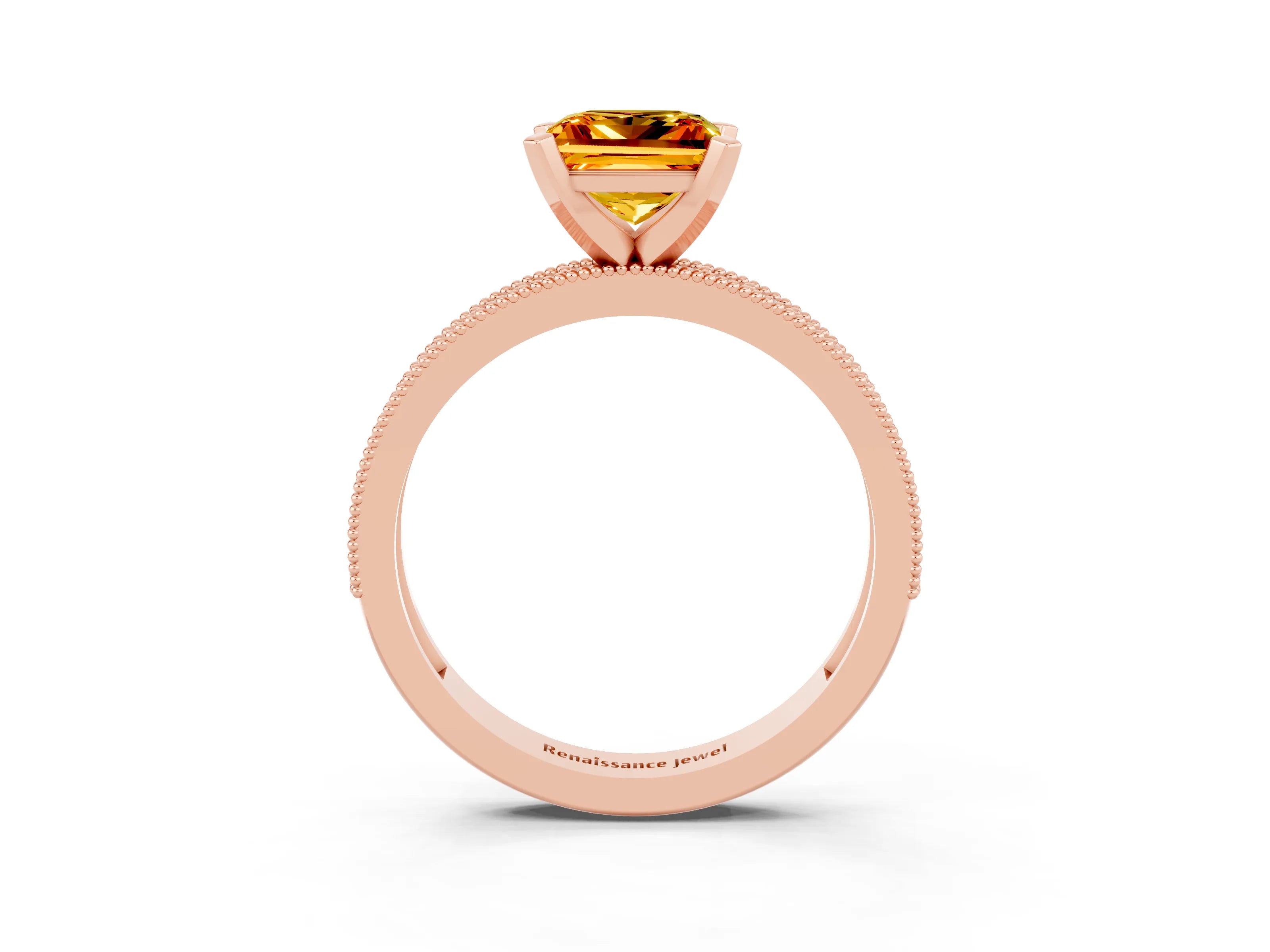 Rose gold Princess Cut Citrine Milgrain Pavé Engagement Ring with Four-Prong Setting_15