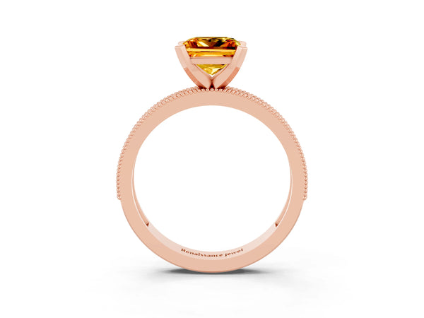 Rose gold Princess Cut Citrine Milgrain Pavé Engagement Ring with Four-Prong Setting