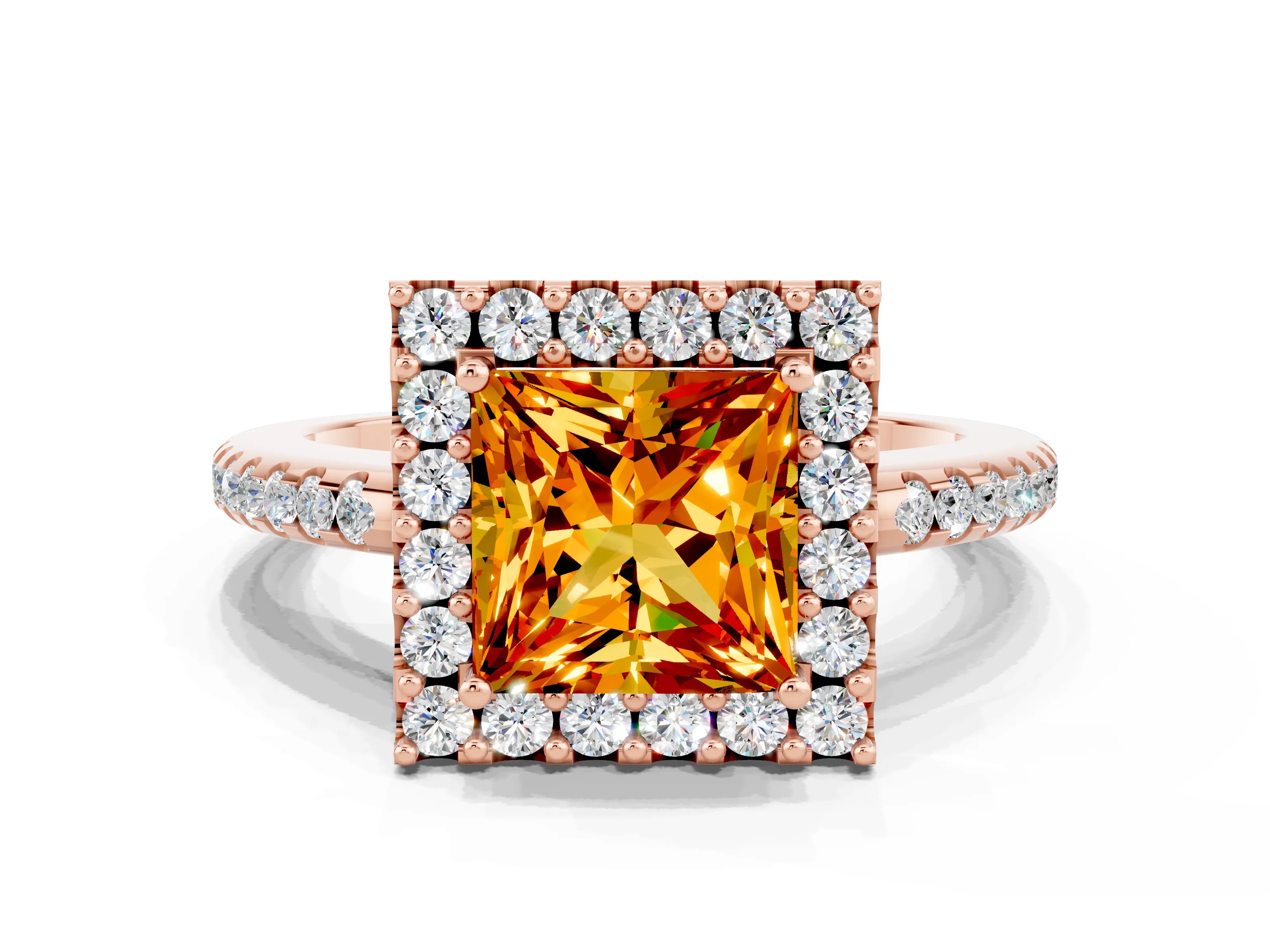 Rose gold Princess Cut Citrine Pavé Halo Ring with Four-Prong Setting_12