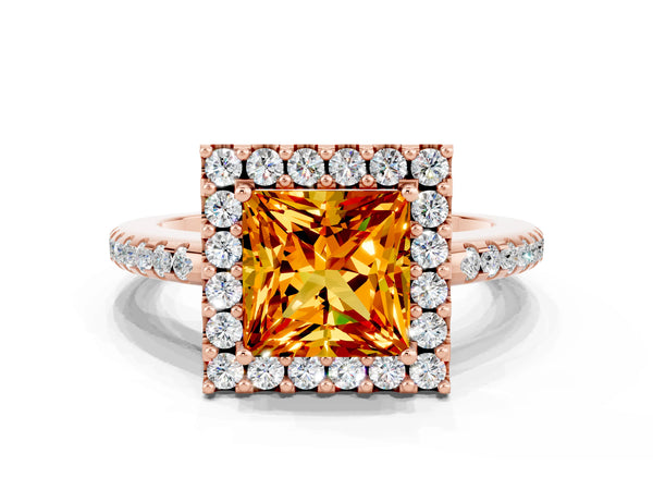Rose gold Princess Cut Citrine Pavé Halo Ring with Four-Prong Setting