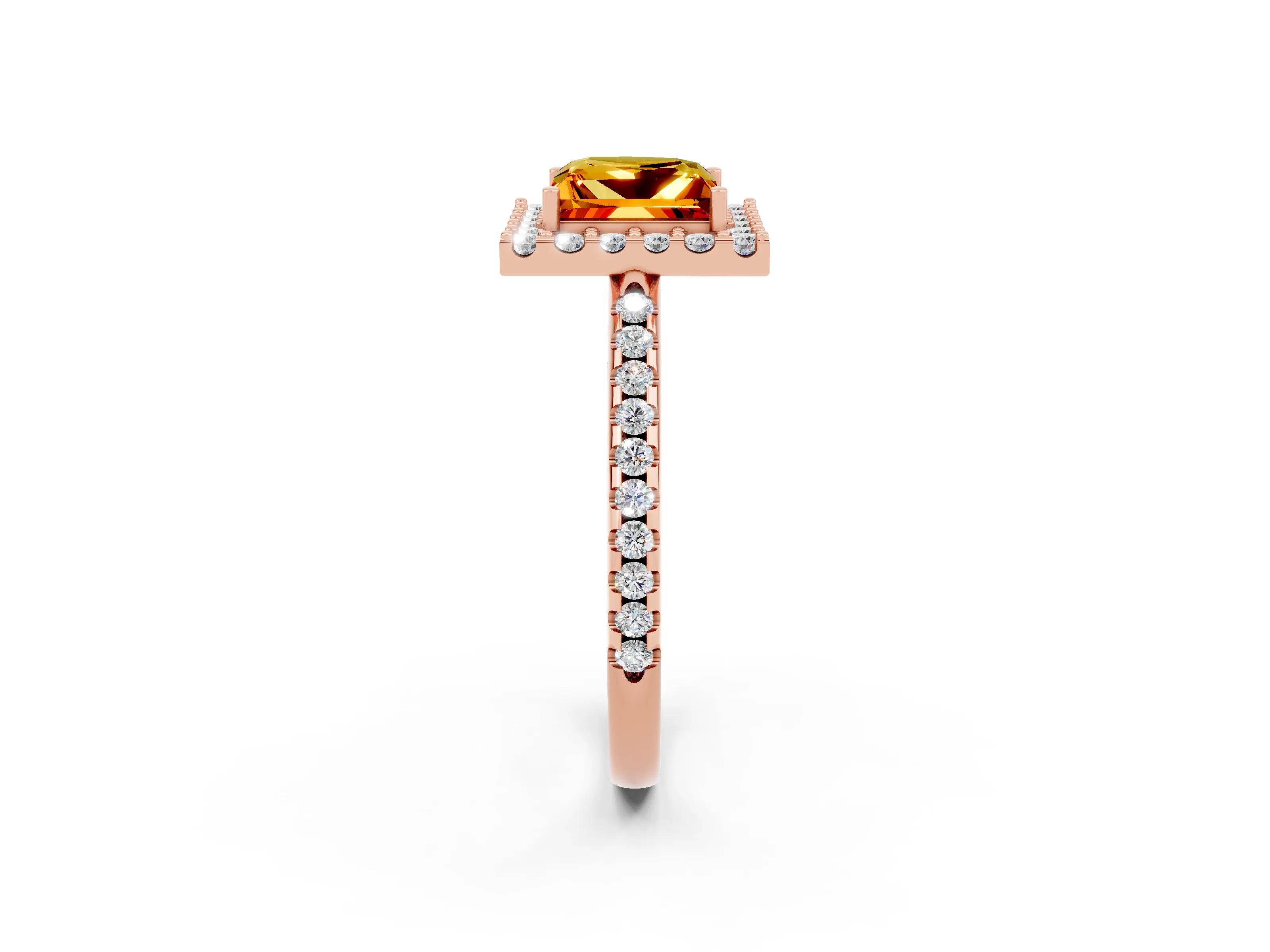 Rose gold Princess Cut Citrine Pavé Halo Ring with Four-Prong Setting_14