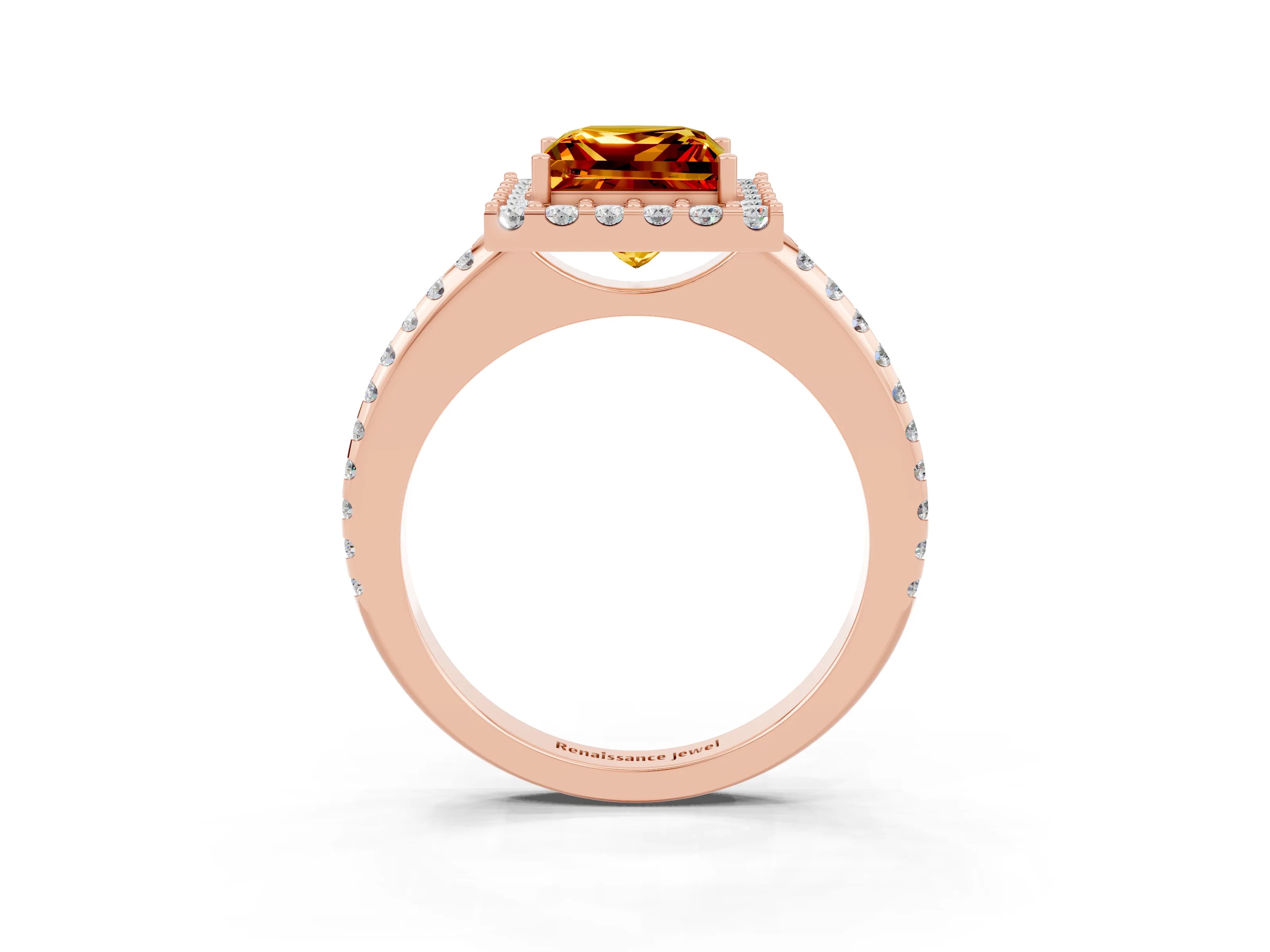 Rose gold Princess Cut Citrine Pavé Halo Ring with Four-Prong Setting_15