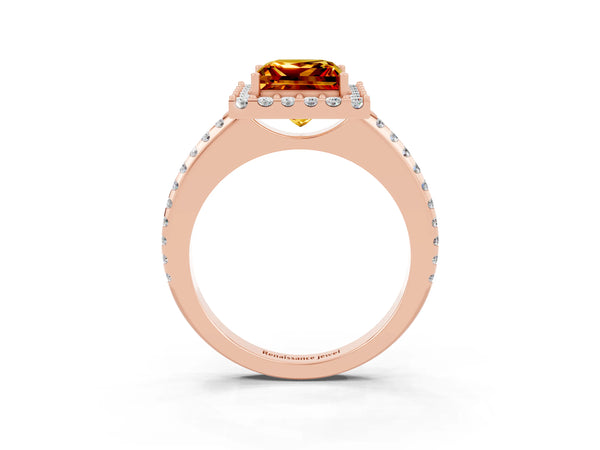 Rose gold Princess Cut Citrine Pavé Halo Ring with Four-Prong Setting