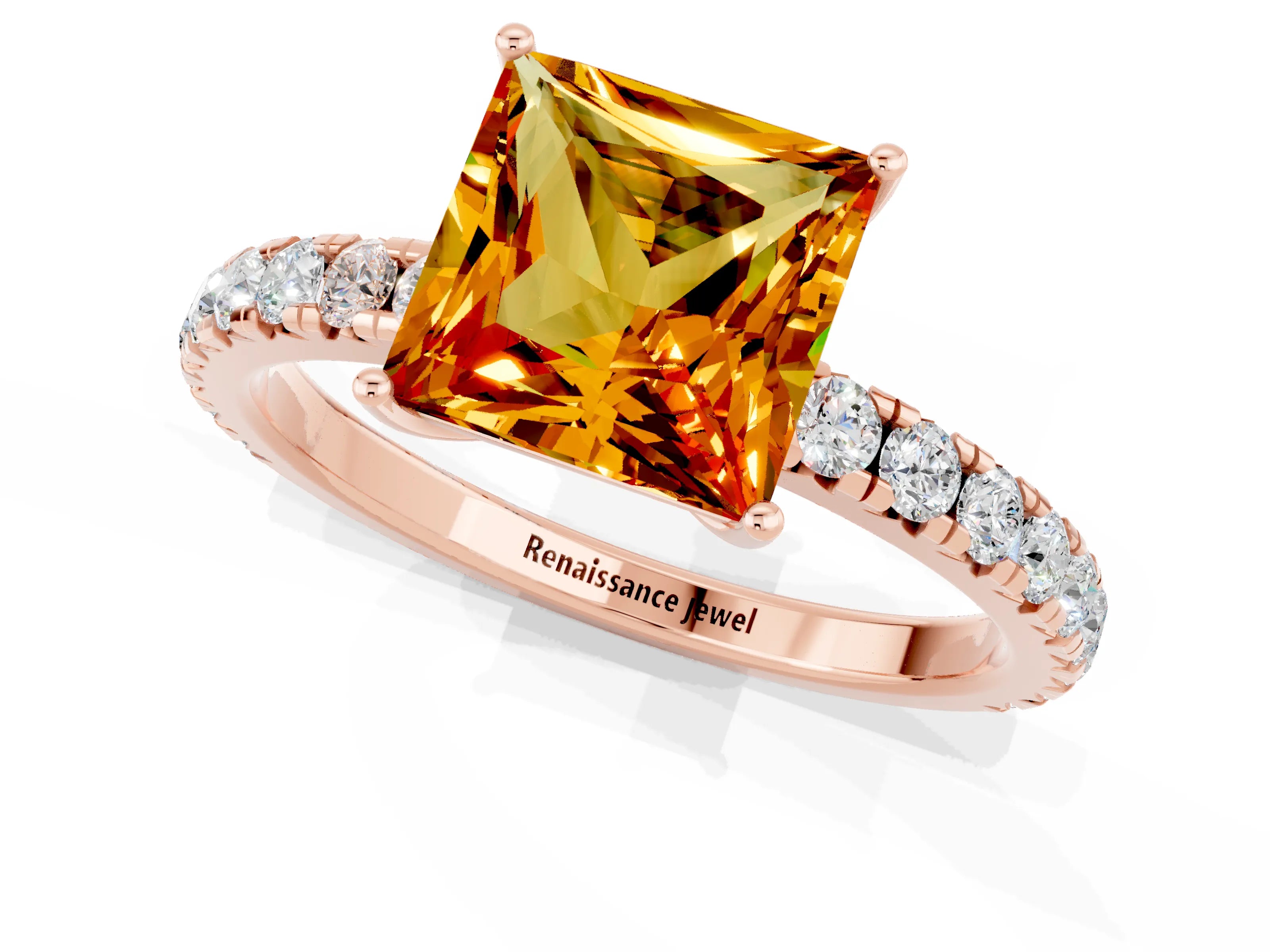 Rose gold Princess Cut Citrine Pavé Solitaire Engagement Ring with Four-Prong Setting_13