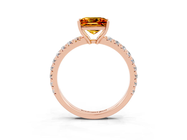 Rose gold Princess Cut Citrine Pavé Solitaire Engagement Ring with Four-Prong Setting