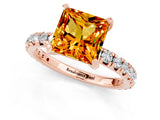 Rose gold Princess Cut Citrine Pavé Solitaire Ring with Round Band and Prong Setting_13