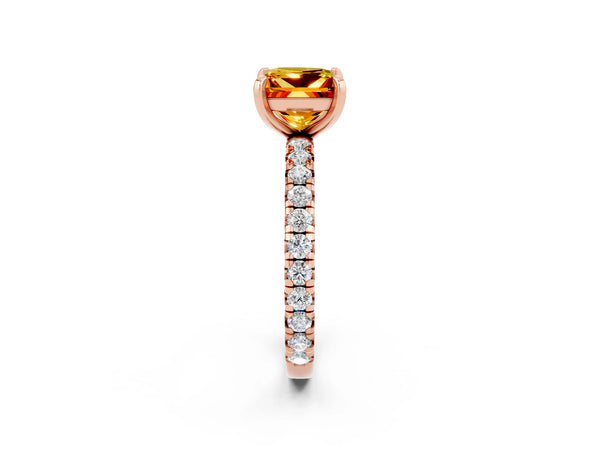 Rose gold Princess Cut Citrine Pavé Solitaire Ring with Round Band and Prong Setting