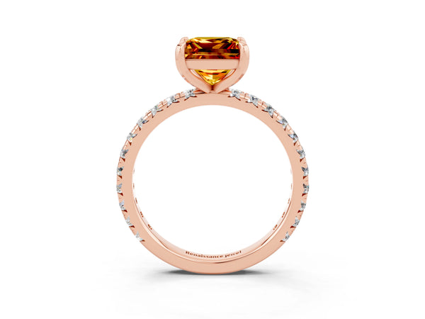 Rose gold Princess Cut Citrine Pavé Solitaire Ring with Round Band and Prong Setting