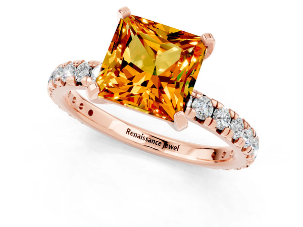 Rose gold Princess Cut Citrine Pavé Solitaire Ring with Round Band and Prong Setting