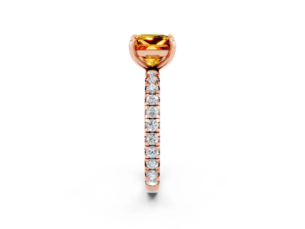 Rose gold Princess Cut Citrine Pavé Solitaire Ring with Round Band and Prong Setting