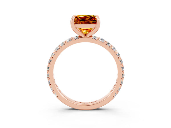 Rose gold Princess Cut Citrine Pavé Solitaire Ring with Round Band and Prong Setting