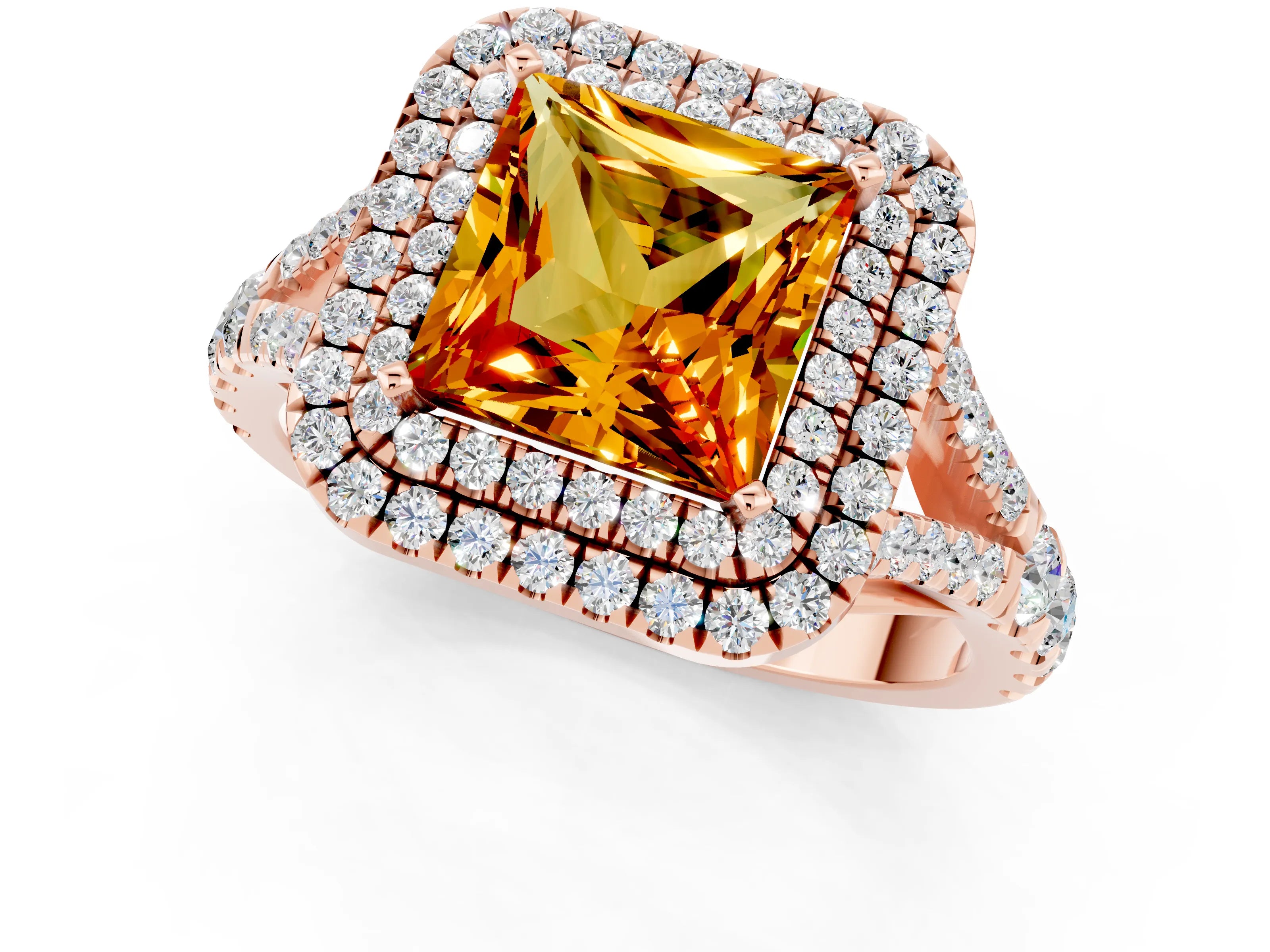 Rose gold Princess Cut Citrine Pavé Split Shank Double Halo Engagement Ring_1