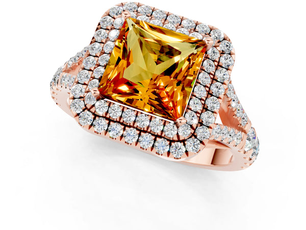 Rose gold Princess Cut Citrine Pavé Split Shank Double Halo Engagement Ring
