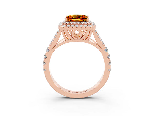 Rose gold Princess Cut Citrine Pavé Split Shank Double Halo Engagement Ring