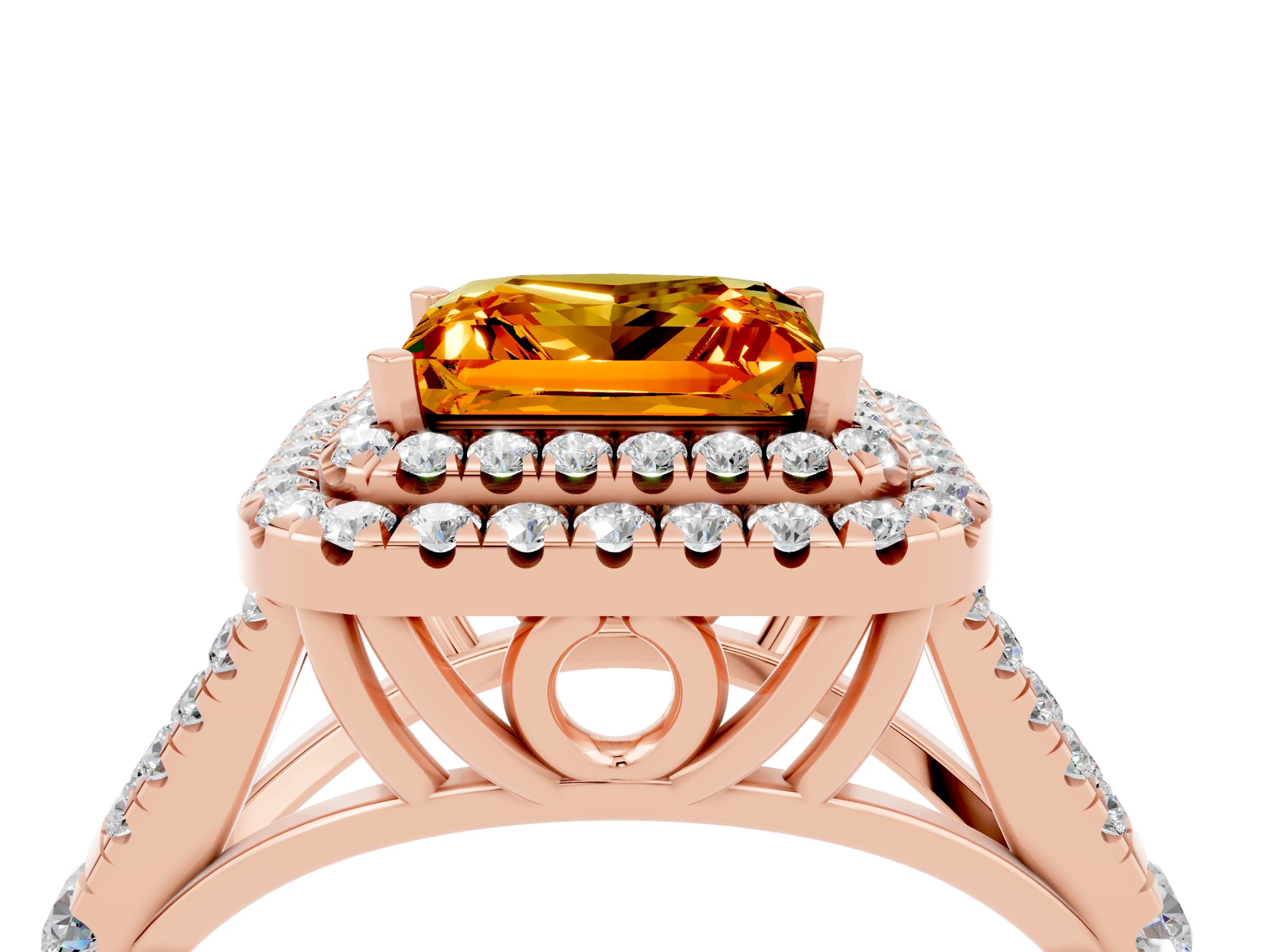 Rose gold Princess Cut Citrine Pavé Split Shank Double Halo Engagement Ring_4