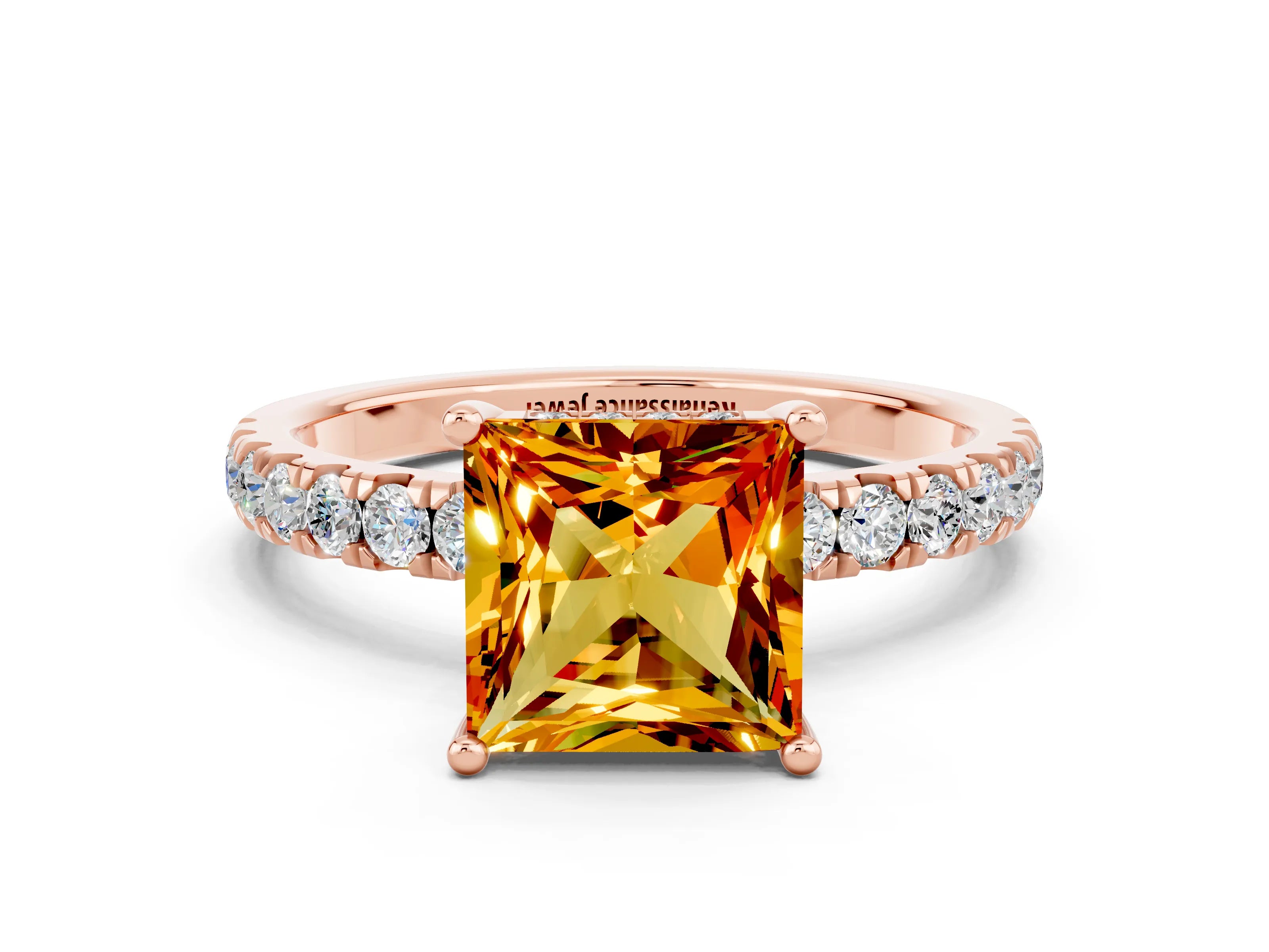 Rose gold Princess Cut Citrine Pave Band Solitaire Ring with Four-Prong Setting_24