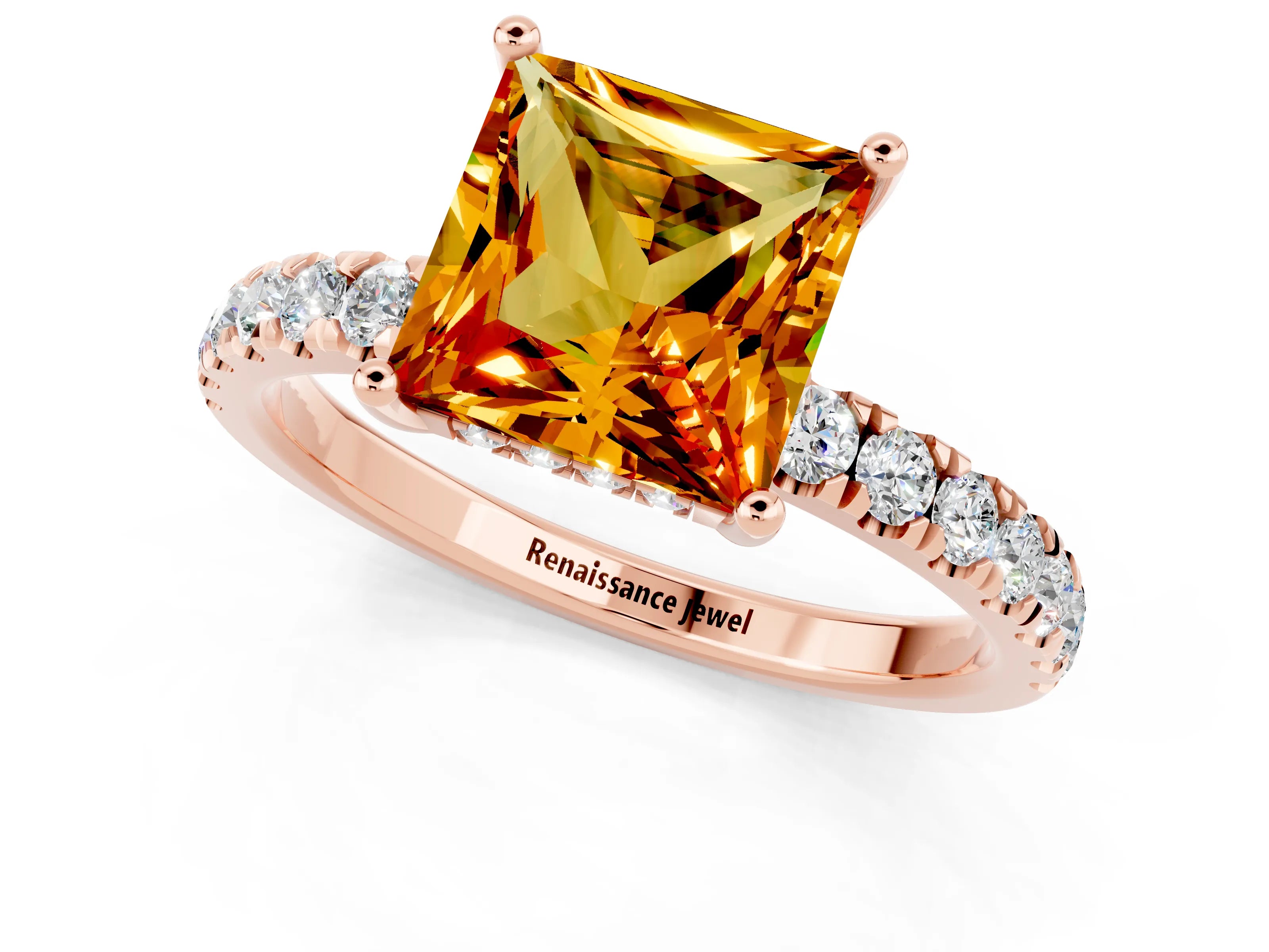 Rose gold Princess Cut Citrine Pave Band Solitaire Ring with Four-Prong Setting_25