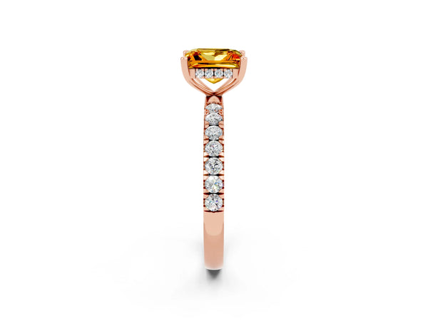 Rose gold Princess Cut Citrine Pave Band Solitaire Ring with Round  and Prong Setting