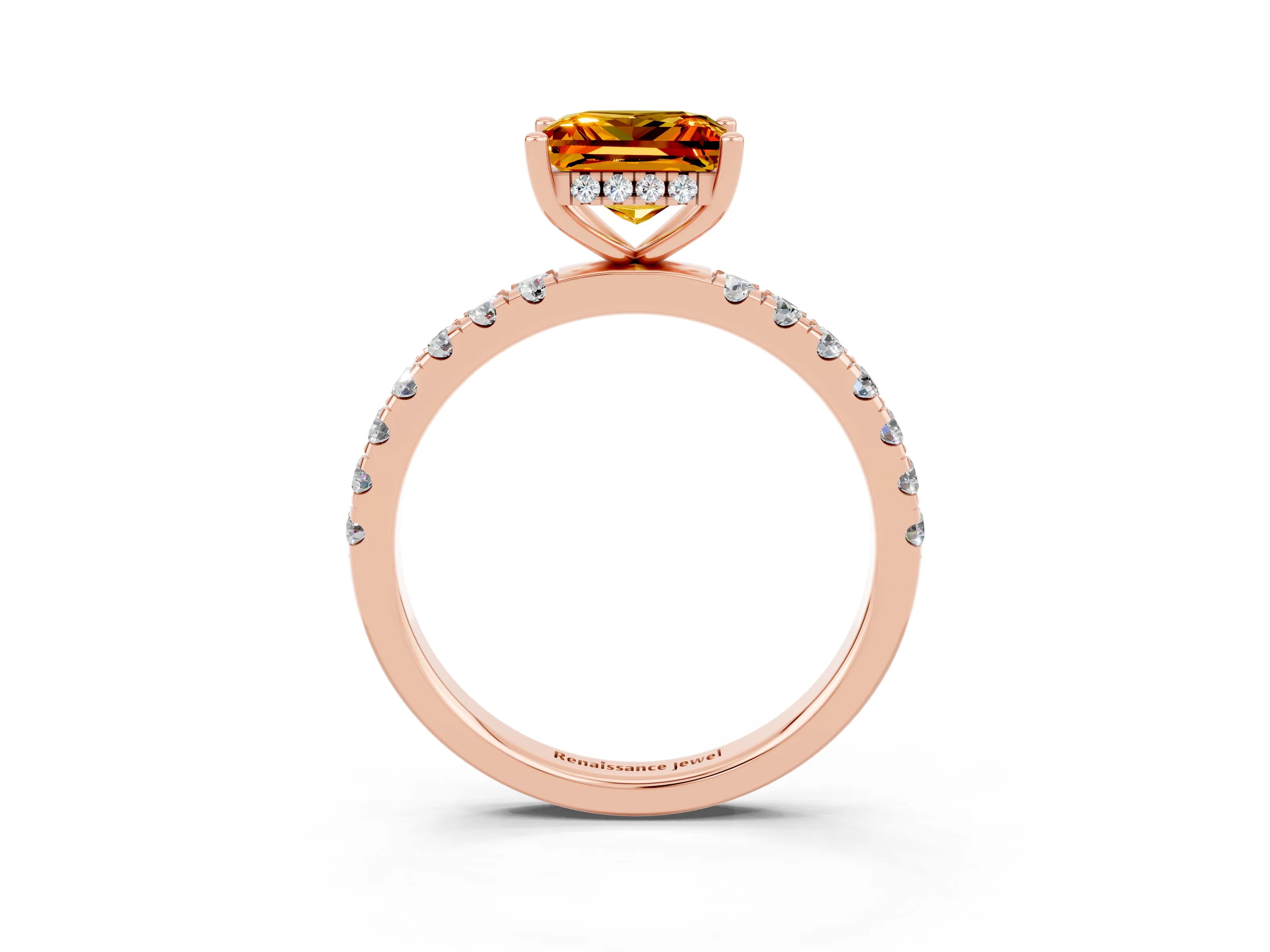 Rose gold Princess Cut Citrine Pave Band Solitaire Ring with Four-Prong Setting_27