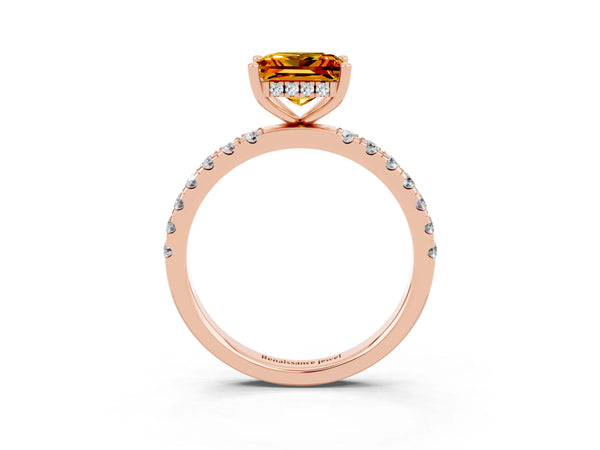 Rose gold Princess Cut Citrine Pave Band Solitaire Ring with Round  and Prong Setting