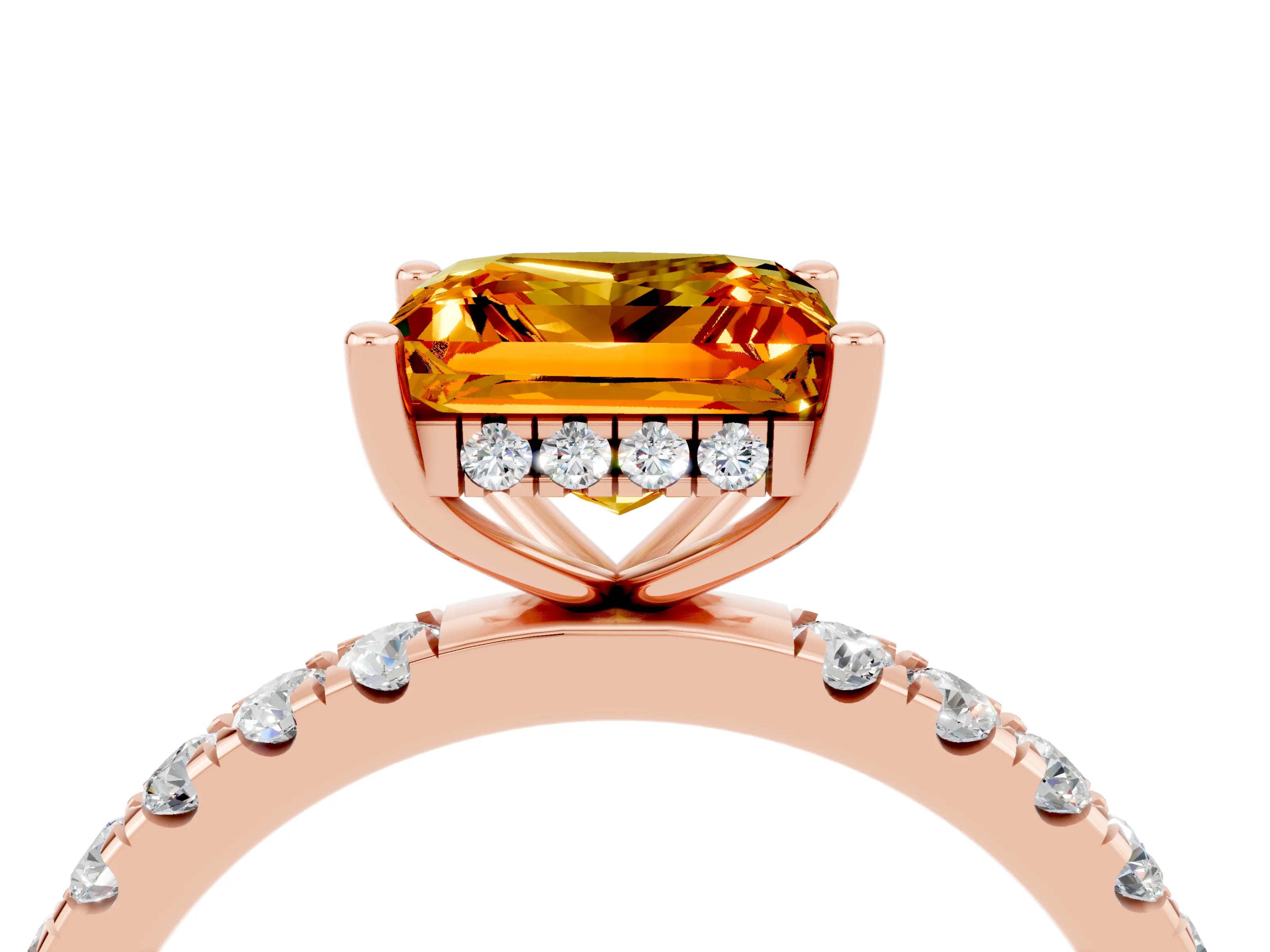 Rose gold Princess Cut Citrine Pave Band Solitaire Ring with Four-Prong Setting_28
