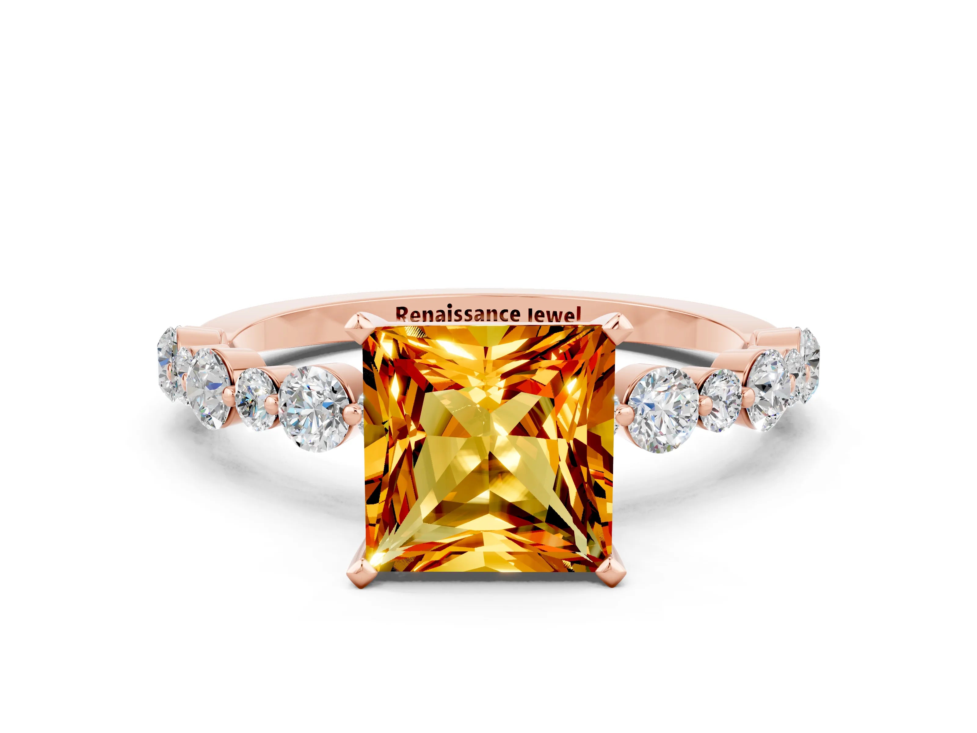 Rose gold Princess Cut Citrine Prong Set Engagement Ring with Pavé Band
