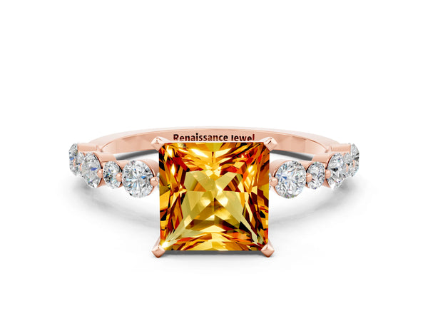Rose gold Princess Cut Citrine Prong Set Engagement Ring with Pavé Band