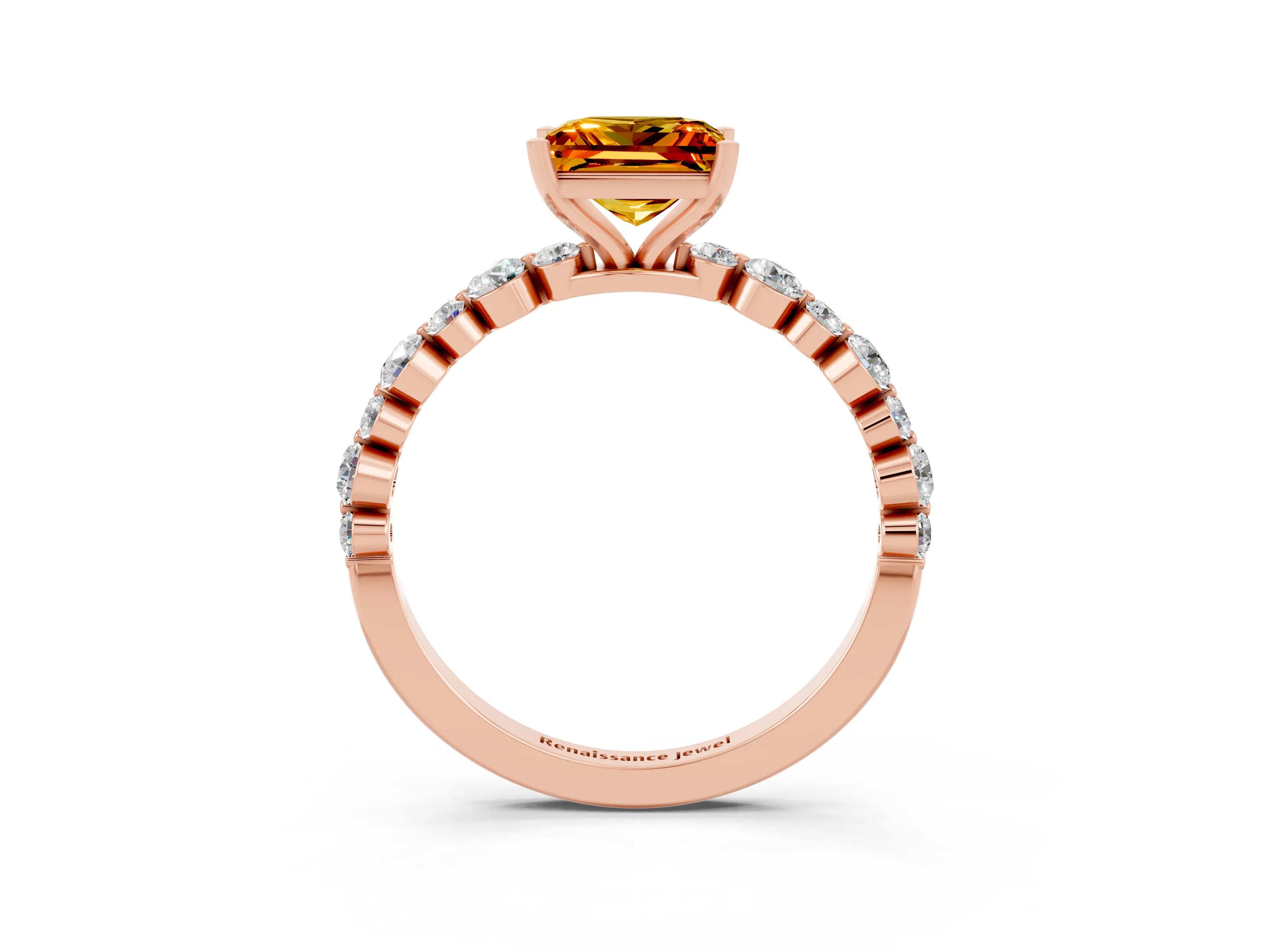 Rose gold Princess Cut Citrine Prong Set Engagement Ring with Pavé Band_3