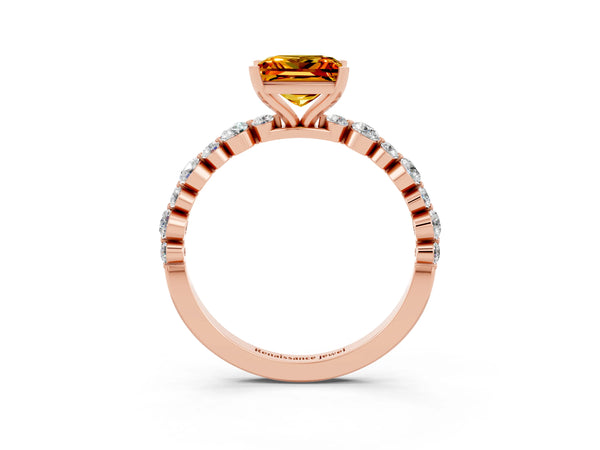 Rose gold Princess Cut Citrine Prong Set Engagement Ring with Pavé Band