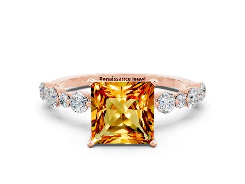 Rose gold Princess Cut Citrine Prong Set Engagement Ring with Pavé Band