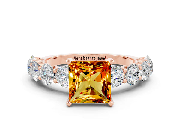 Rose gold Princess Cut Citrine Prong Setting with Side Stones on a Pave Band