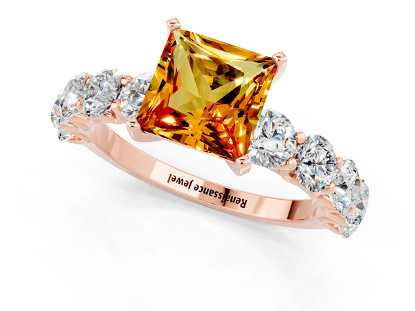 Rose gold Princess Cut Citrine Prong Setting with Side Stones on a Pave Band