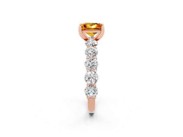 Rose gold Princess Cut Citrine Prong Setting with Side Stones on a Pave Band