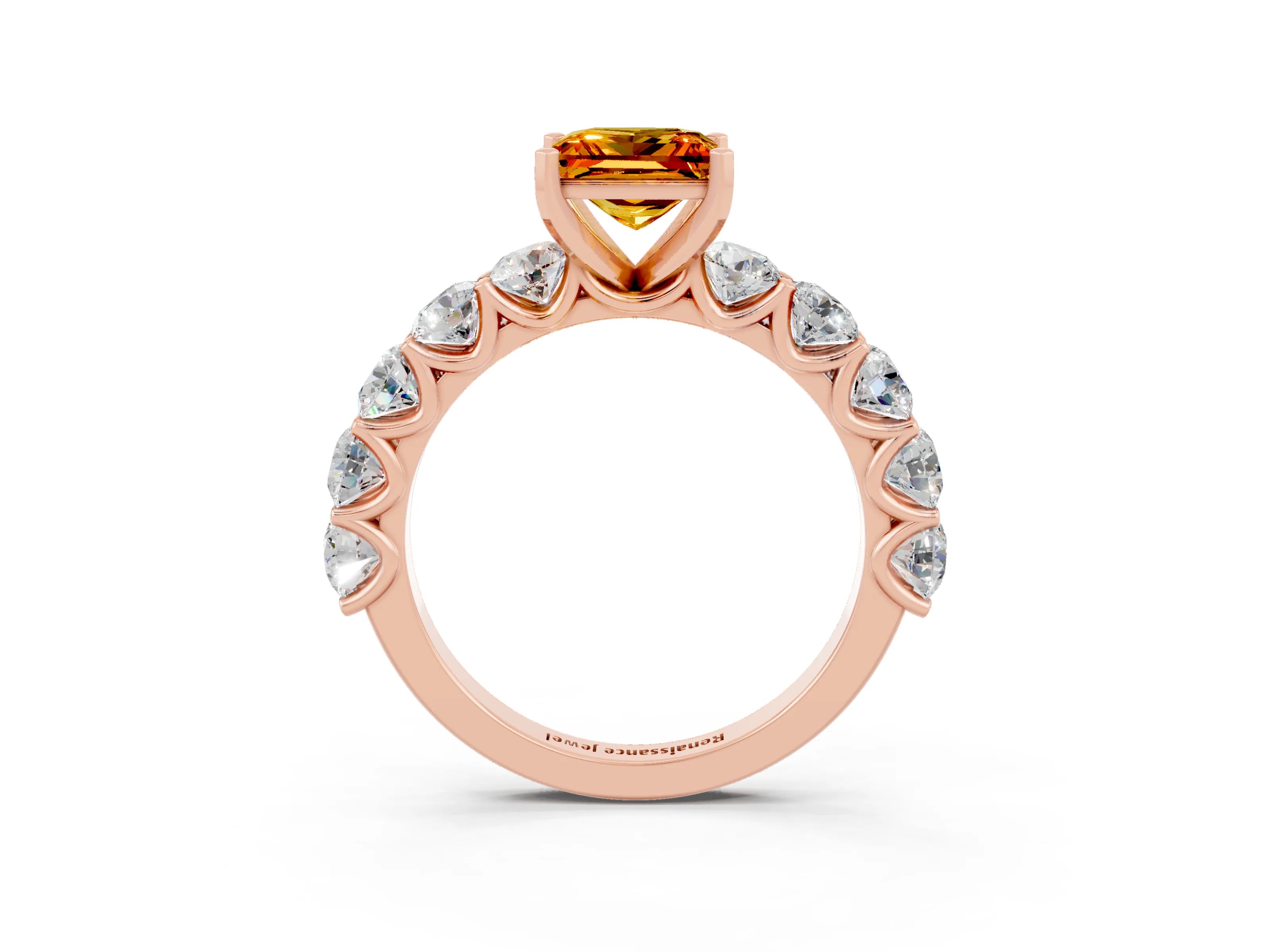 Rose gold Princess Cut Citrine Prong Setting with Side Stones on a Pave Band_3