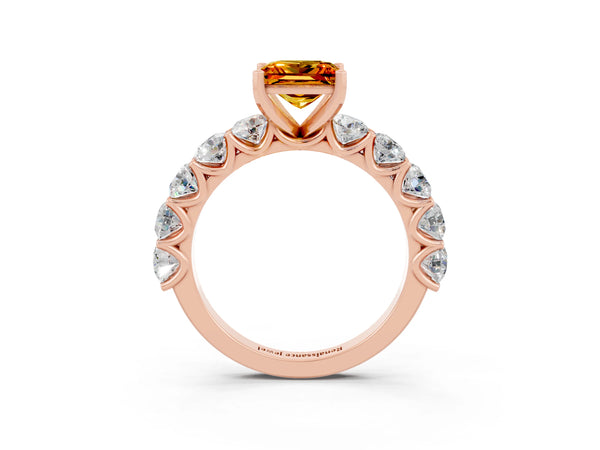 Rose gold Princess Cut Citrine Prong Setting with Side Stones on a Pave Band