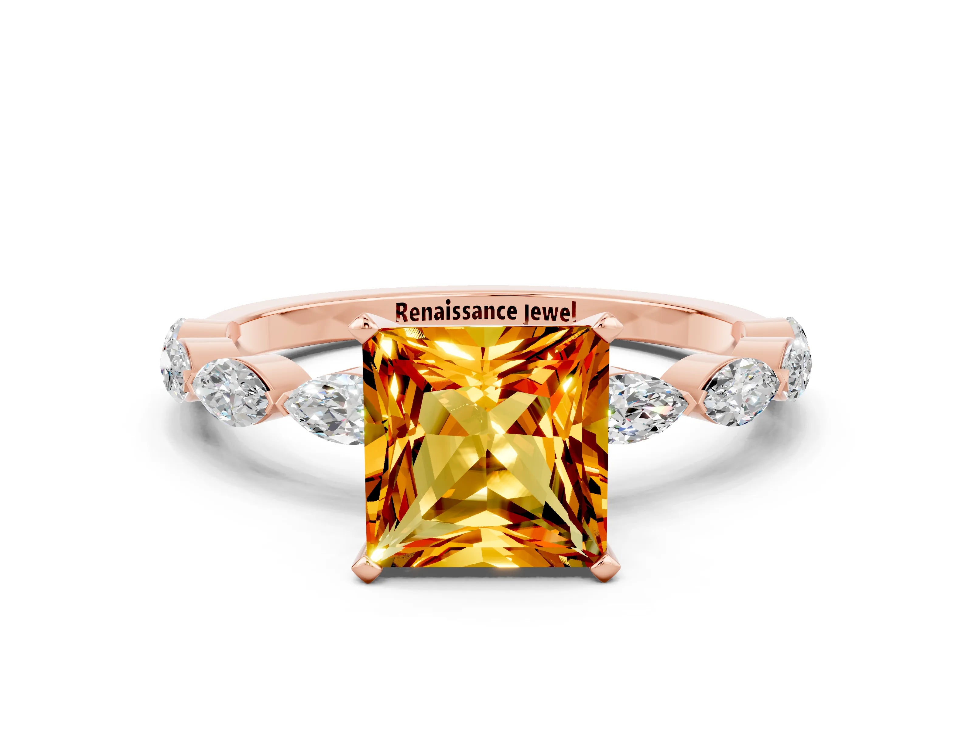Rose gold Princess Cut Citrine Ring with Marquise Side Stones and Prong Setting