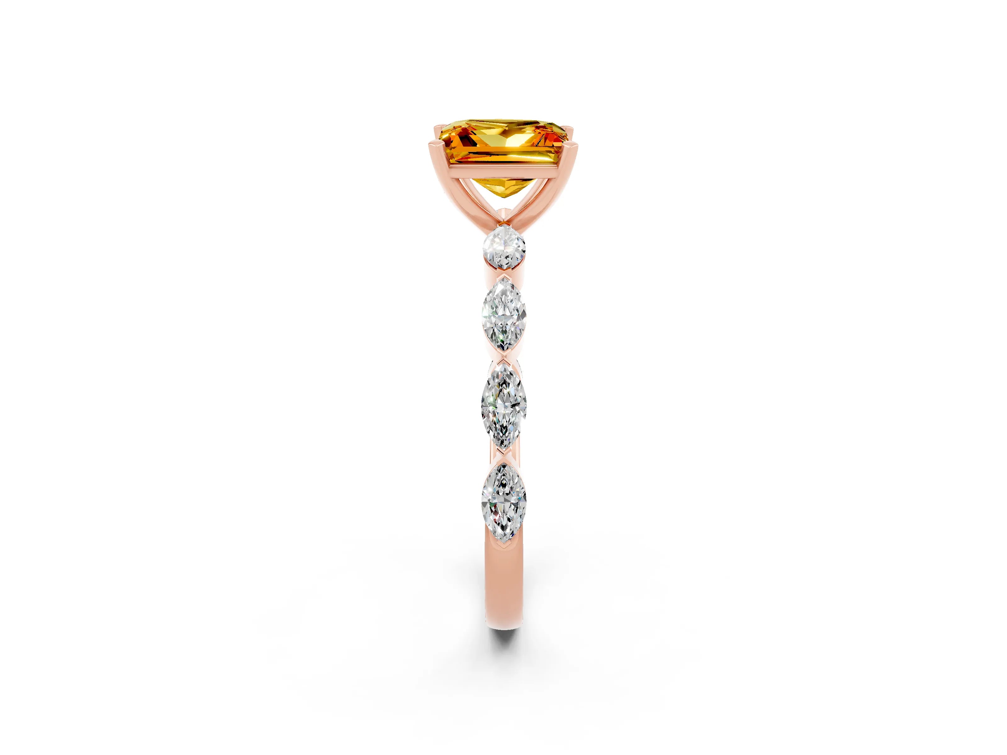 Rose gold Princess Cut Citrine Ring with Marquise Side Stones and Prong Setting_2