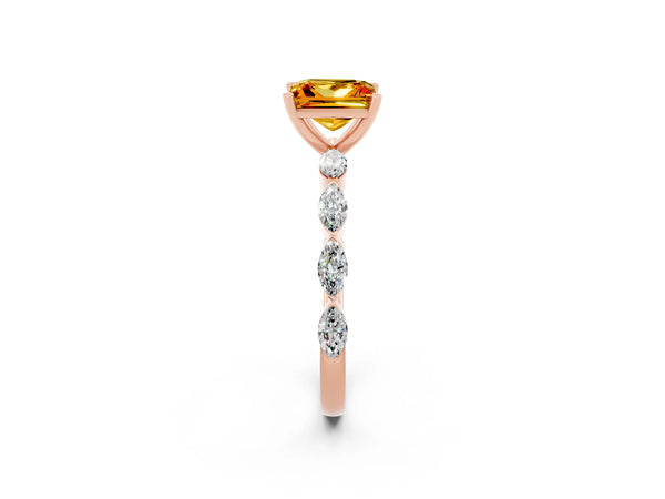 Rose gold Princess Cut Citrine Ring with Marquise Side Stones and Prong Setting